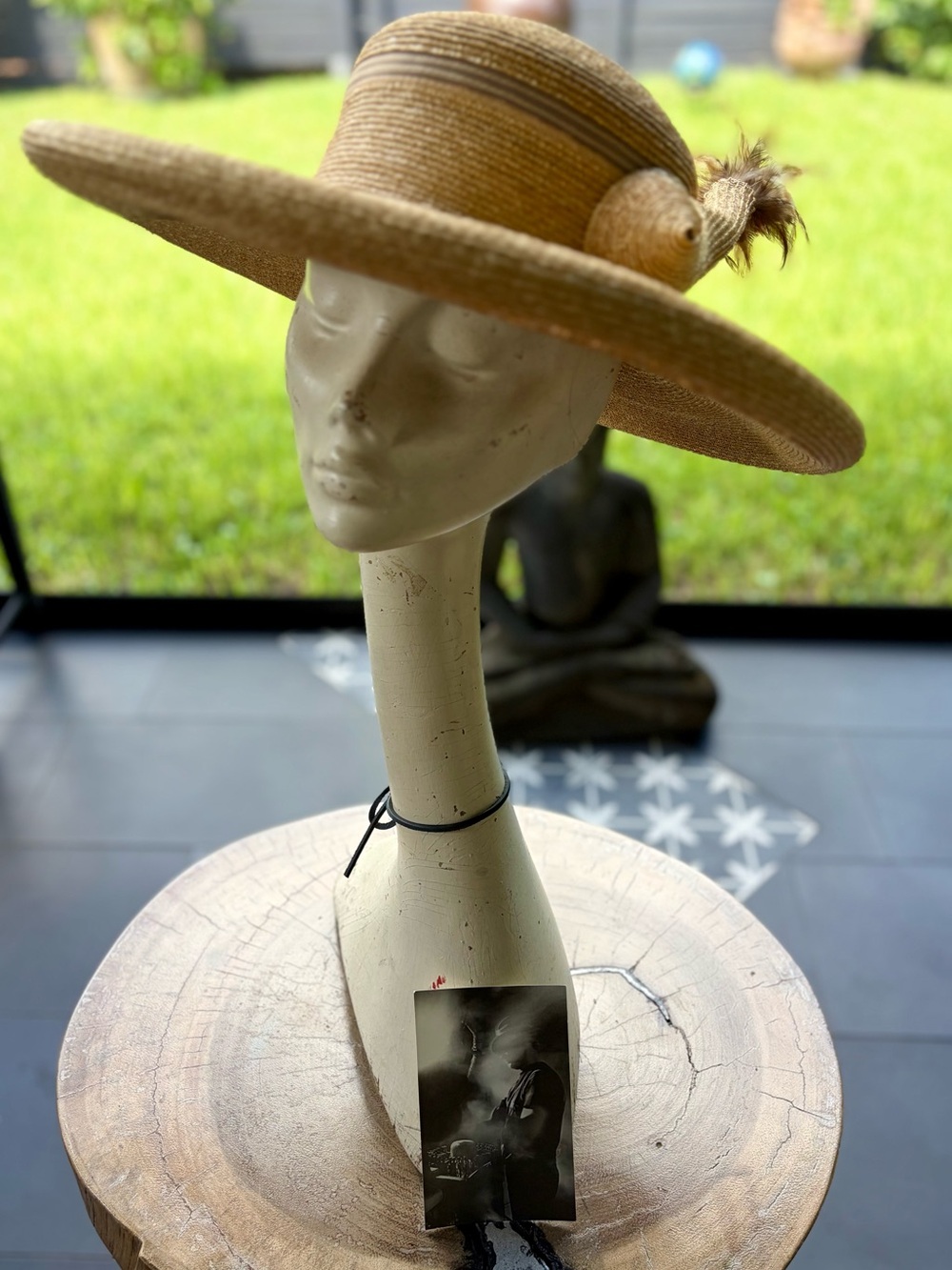 Straw Wide-Brim Sun Hat with Feather Accent - Beige by Ignatius Creegan
